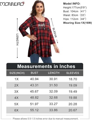 MONNURO Womens Plus Size Henley Shirts Button Up V Neck Pleated Tunic Tops Casual Blouse 3/4 Sleeve in Kuwait