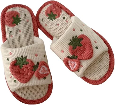 Women Kawaii Slippers Indoor Linen Slippers Strawberry Linen Cotton Slippers Home Floor Non-Slip Slides in Saudi Arabia