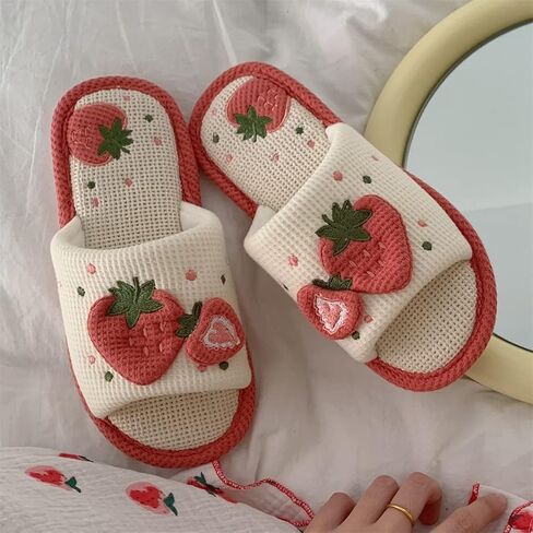 Women Kawaii Slippers Indoor Linen Slippers Strawberry Linen Cotton Slippers Home Floor Non-Slip Slides in Saudi Arabia