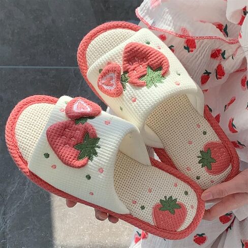 Women Kawaii Slippers Indoor Linen Slippers Strawberry Linen Cotton Slippers Home Floor Non-Slip Slides in Saudi Arabia
