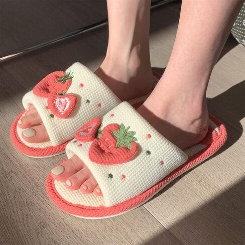 Women Kawaii Slippers Indoor Linen Slippers Strawberry Linen Cotton Slippers Home Floor Non-Slip Slides in Saudi Arabia