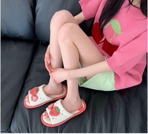 Women Kawaii Slippers Indoor Linen Slippers Strawberry Linen Cotton Slippers Home Floor Non-Slip Slides in Saudi Arabia