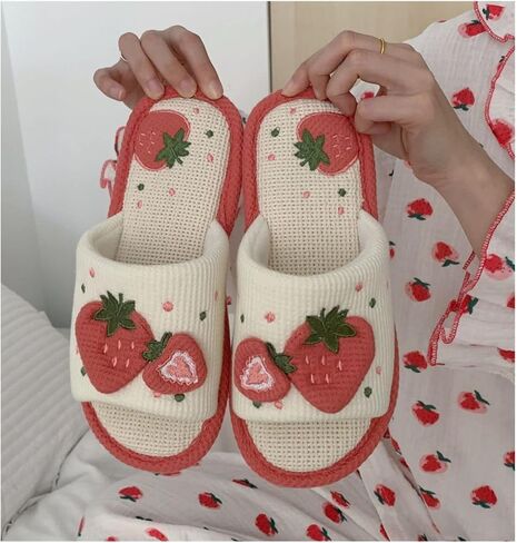Women Kawaii Slippers Indoor Linen Slippers Strawberry Linen Cotton Slippers Home Floor Non-Slip Slides in Saudi Arabia