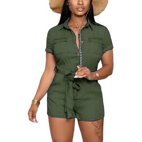 LaiyiVic Denim Romper for Women Jumpsuit Stretch Sexy Casual Short Sleeve Summer