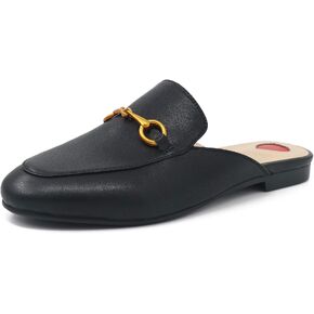 Comfity Mules for Women, Womens Leather Slip On Mule Flats Embroidery Loafers Backless Rabbit Hair Slippers
