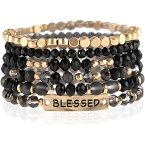 RIAH FASHION Inspirational Multi Layer Beaded Stackable Statement Bracelets - Religion Message Crystal, Natural Stone, Druzy Stretch Strand Slip-on Cuff Bible Christian Cross Prayer Bangle Set