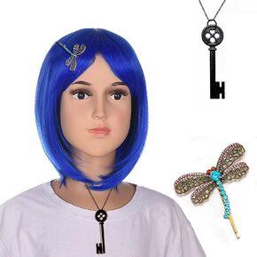 Coraline Short Straight Blue Women Bob Full Bang Kids Wig with Dragonfly Hairpin + Black Key Pendant Necklace (S2)