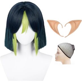 شعر مستعار Hu Tao طويل بني اللون من Hu Tao Cosplay + آذان قزم + شبكة شعر، شعر صناعي للنساء والفتيات من Hutao مع ذيل حصان مزدوج للعب الأدوار في حفلات الهالوين (Hutao)