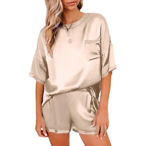 طقم بيجامة حريرية من الساتان للسيدات من CHYRII مكون من قطعتين بي جي بياقة دائرية وأكمام قصيرة وملابس نوم in Kuwait
