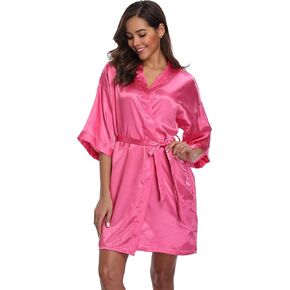 Women's Short Kimono Robe Pure Color Silky Bathrobe Bridal Party Dressing Gown
