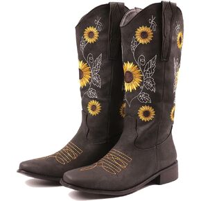 أحذية SO SIMPOK للسيدات مطرزة بعباد الشمس الحلو كاوبوي راعية البقر أحذية غربية بكعب مكتنزة أحذية منتصف الساق in Kuwait