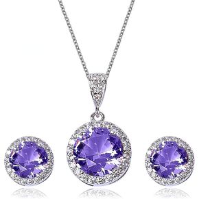 مجموعة مجوهرات AMYJANE Halo Crystal - مجموعة أقراط من الفضة الإسترليني المستديرة المكعبة من الزركونيا والكريستال لحفلات الزفاف ووصيفات العروس
