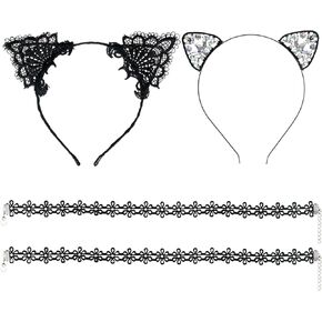 Luhiew Black Crystal and Lace Cat Ears Headbands, 2pcs Black Lace Chocker Necklace, Cute Animal Cosplay Cat Costume Accessories for Halloween Christmas Festival Theme Party in Kuwait