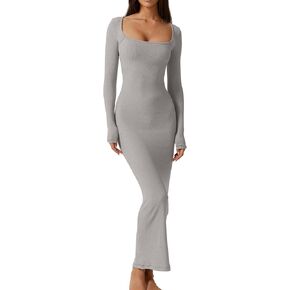 QINSEN Women's Long Maxi Dress Square Neck Long Sleeve Ribbed Bodycon Lounge Dresses