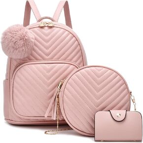I IHAYNER حقيبة ظهر صغيرة للنساء 3-PCS حقيبة ظهر جلدية محفظة حقائب ظهر صغيرة للنساء السيدات Pompom حقيبة ظهر كتف وردي in Kuwait