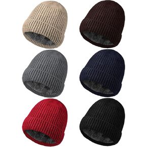 Suhine 6 Pcs Winter Fleece Beanies Hats Bulk Soft Warm Knitted Cuffed Beanie Lined Knit Hat for Cold Weather Women Men