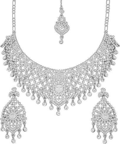 Touchstone Indian Bollywood masterly created sparkling Rhinestone grand bridal jewelry necklace set for women in silver tone in Saudi Arabia