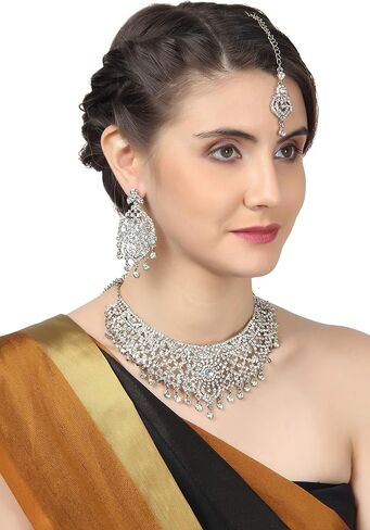 Touchstone Indian Bollywood masterly created sparkling Rhinestone grand bridal jewelry necklace set for women in silver tone in Saudi Arabia