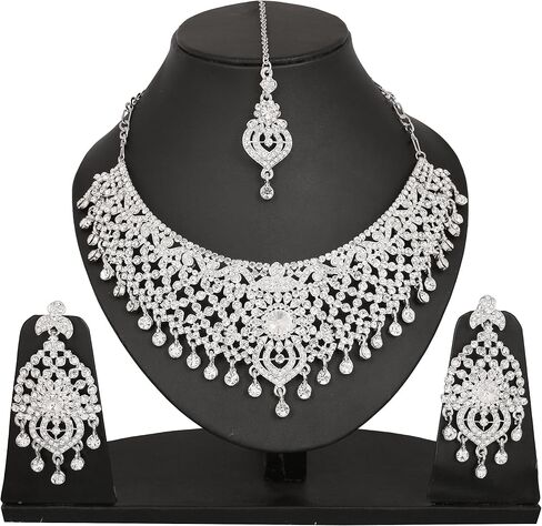 Touchstone Indian Bollywood masterly created sparkling Rhinestone grand bridal jewelry necklace set for women in silver tone in Saudi Arabia