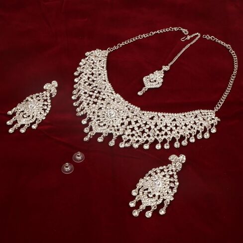 Touchstone Indian Bollywood masterly created sparkling Rhinestone grand bridal jewelry necklace set for women in silver tone in Saudi Arabia