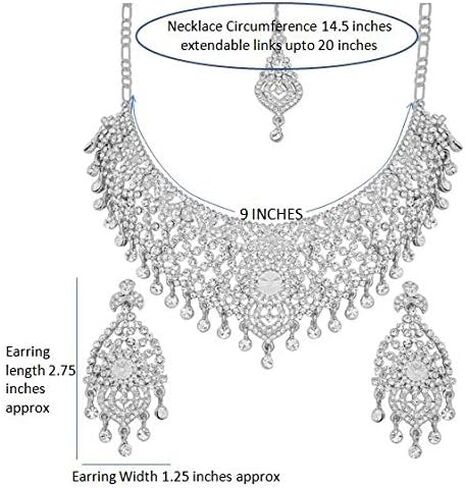 Touchstone Indian Bollywood masterly created sparkling Rhinestone grand bridal jewelry necklace set for women in silver tone in Saudi Arabia