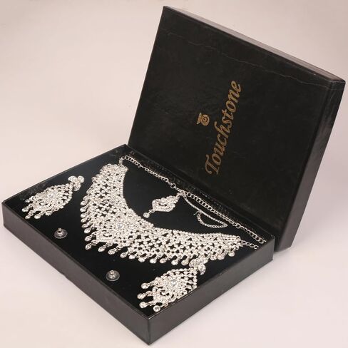 Touchstone Indian Bollywood masterly created sparkling Rhinestone grand bridal jewelry necklace set for women in silver tone in Saudi Arabia