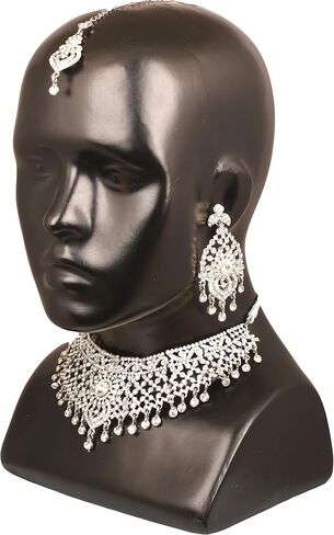 Touchstone Indian Bollywood masterly created sparkling Rhinestone grand bridal jewelry necklace set for women in silver tone in Saudi Arabia