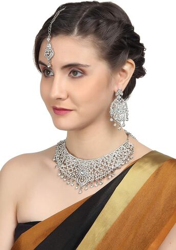Touchstone Indian Bollywood masterly created sparkling Rhinestone grand bridal jewelry necklace set for women in silver tone in Saudi Arabia