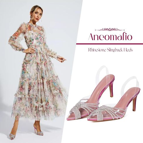 Ancomafio المرأة خنجر كعب مضخات أشار تو عالية الكعب حجر الراين Slingback الصيف تنفس صنادل مماشي للموضة الصنادل في الهواء الطلق للنساء in Kuwait