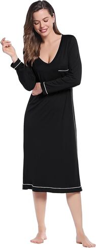 Joyaria قمصان نوم بأكمام طويلة فائقة النعومة فتل نسائية برقبة على شكل حرف v ومنتصف الساق قمصان نوم فيسكوز مصنوعة من ملابس نوم من الخيزران in Kuwait