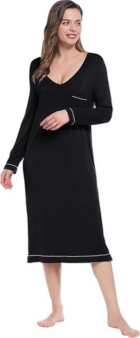 Joyaria قمصان نوم بأكمام طويلة فائقة النعومة فتل نسائية برقبة على شكل حرف v ومنتصف الساق قمصان نوم فيسكوز مصنوعة من ملابس نوم من الخيزران in Kuwait