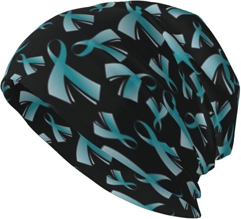 قبعة صغيرة سوداء للتوعية بسرطان المبيض مع شريط بلون ازرق مخضر وقبعة للكيماويات والسرطان، قبعة محبوكة ووشاح ليلي للنساء والرجال، اسود، مقاس واحد in Kuwait