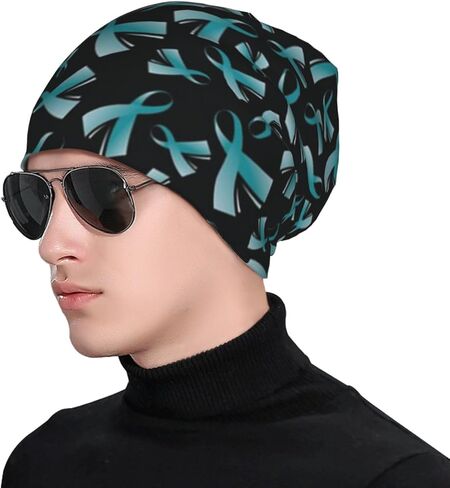 قبعة صغيرة سوداء للتوعية بسرطان المبيض مع شريط بلون ازرق مخضر وقبعة للكيماويات والسرطان، قبعة محبوكة ووشاح ليلي للنساء والرجال، اسود، مقاس واحد in Kuwait