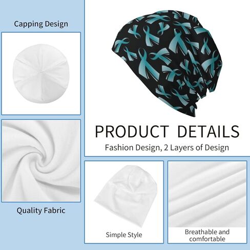 قبعة صغيرة سوداء للتوعية بسرطان المبيض مع شريط بلون ازرق مخضر وقبعة للكيماويات والسرطان، قبعة محبوكة ووشاح ليلي للنساء والرجال، اسود، مقاس واحد in Kuwait