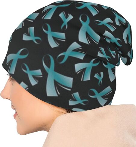 قبعة صغيرة سوداء للتوعية بسرطان المبيض مع شريط بلون ازرق مخضر وقبعة للكيماويات والسرطان، قبعة محبوكة ووشاح ليلي للنساء والرجال، اسود، مقاس واحد in Kuwait