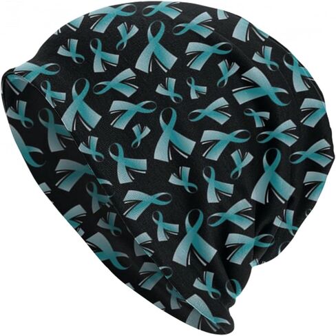 قبعة صغيرة سوداء للتوعية بسرطان المبيض مع شريط بلون ازرق مخضر وقبعة للكيماويات والسرطان، قبعة محبوكة ووشاح ليلي للنساء والرجال، اسود، مقاس واحد in Kuwait