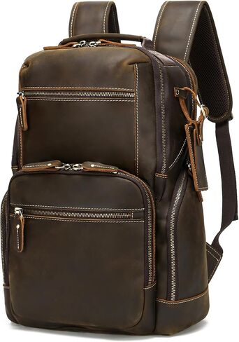LANNSYNE Vintage Full Grain Genuine Leather Backpack For Men, fits 16" Laptop Travel Hiking Bag Camping Rucksack Brown in Saudi Arabia