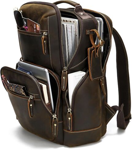LANNSYNE Vintage Full Grain Genuine Leather Backpack For Men, fits 16" Laptop Travel Hiking Bag Camping Rucksack Brown in Saudi Arabia