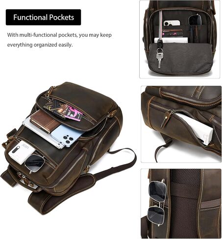 LANNSYNE Vintage Full Grain Genuine Leather Backpack For Men, fits 16" Laptop Travel Hiking Bag Camping Rucksack Brown in Saudi Arabia
