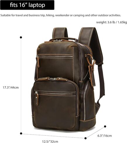 LANNSYNE Vintage Full Grain Genuine Leather Backpack For Men, fits 16" Laptop Travel Hiking Bag Camping Rucksack Brown in Saudi Arabia