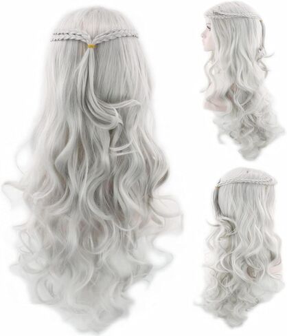 MISSLATE Blonde Wigs for Khaleesi Costume Cosplay Daenerys Targaryen Wig Long Braided Party Hair Wigs for Halloweenwith Wig Cap (Silver white) in Saudi Arabia