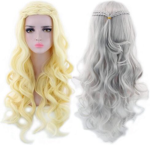 MISSLATE Blonde Wigs for Khaleesi Costume Cosplay Daenerys Targaryen Wig Long Braided Party Hair Wigs for Halloweenwith Wig Cap (Silver white) in Saudi Arabia