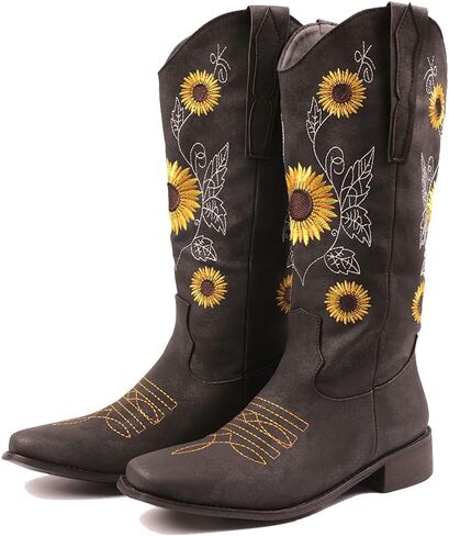 أحذية SO SIMPOK للسيدات مطرزة بعباد الشمس الحلو كاوبوي راعية البقر أحذية غربية بكعب مكتنزة أحذية منتصف الساق in Kuwait