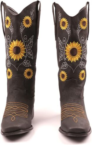 أحذية SO SIMPOK للسيدات مطرزة بعباد الشمس الحلو كاوبوي راعية البقر أحذية غربية بكعب مكتنزة أحذية منتصف الساق in Kuwait