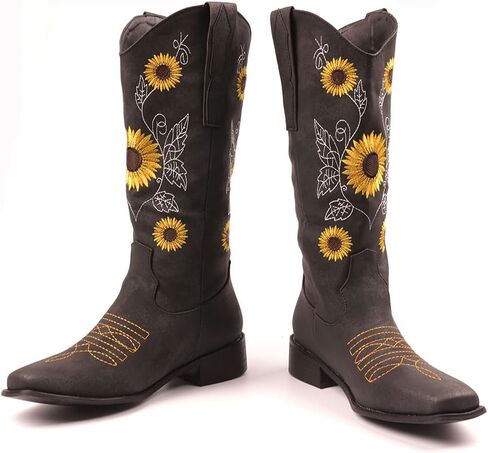 أحذية SO SIMPOK للسيدات مطرزة بعباد الشمس الحلو كاوبوي راعية البقر أحذية غربية بكعب مكتنزة أحذية منتصف الساق in Kuwait