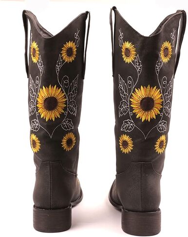 أحذية SO SIMPOK للسيدات مطرزة بعباد الشمس الحلو كاوبوي راعية البقر أحذية غربية بكعب مكتنزة أحذية منتصف الساق in Kuwait