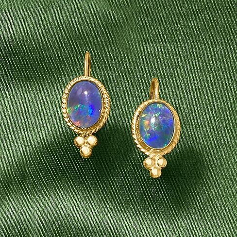 Ross-Simons Blue Opal Triplet Drop Earrings in 14kt Yellow Gold in Kuwait