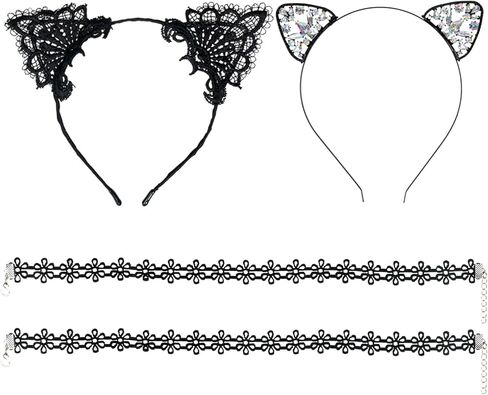 Luhiew Black Crystal and Lace Cat Ears Headbands, 2pcs Black Lace Chocker Necklace, Cute Animal Cosplay Cat Costume Accessories for Halloween Christmas Festival Theme Party in Kuwait