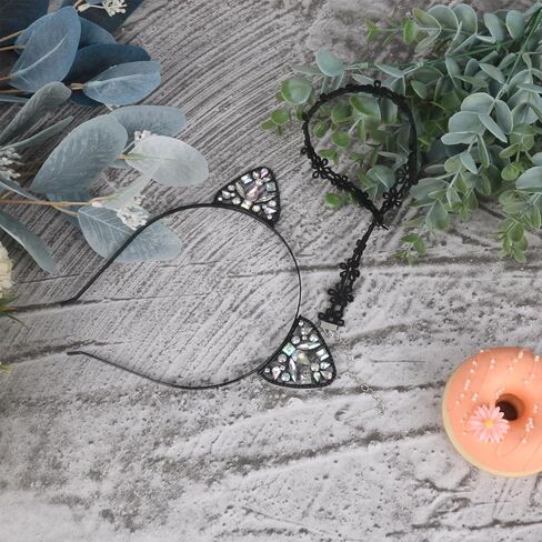 Luhiew Black Crystal and Lace Cat Ears Headbands, 2pcs Black Lace Chocker Necklace, Cute Animal Cosplay Cat Costume Accessories for Halloween Christmas Festival Theme Party in Kuwait