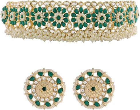 مجموعة مجوهرات I Jewels مطلية بالذهب 18 قيراط لحفلات الزفاف الهندي بوليوود كوندان واللؤلؤ مرصعة بقلادة للنساء/الفتيات (K7208) in Kuwait